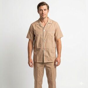 VINTAGE 70s Sears Perma-Prest Pajama Set | Deadstock Grandpacore Tan, M